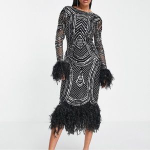 ASOS embellished midi dress with faux fur sleeves silver and black